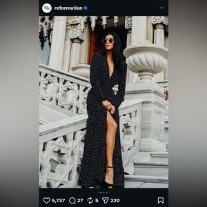 Reformation Alessandra pearls midi wrap dress long polka dot black white S